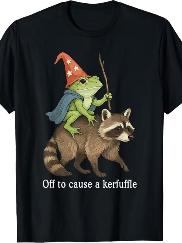 Men's Printed Graphic Tshirt - Menswear Top, Short-Sleeve, Crew Neck, Fantasy Frog Wizard Riding Raccoon Print, Playful Whimsical Look, Regular Length, Casual Year-Round Wear, Boutique Gift