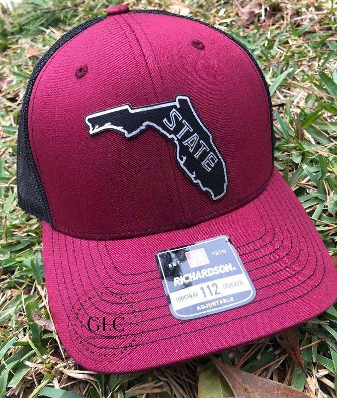 State of Florida Seminole 112 Richardson Trucker Hat/ W Black and Silver leatherette patch/ Florida Trucker Hat/ Florida Trucker Hats/ Noles