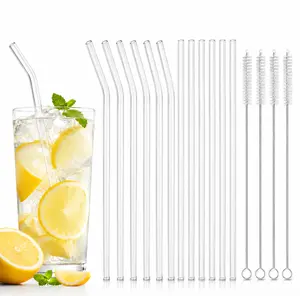 Piteno 16-Pack Reusable Transparent Glass Straws Set, 8.5"x10MM Food-Grade High Borosilicate Glass, 6 Straight+6 Curved+4 Cleaning Brushes for Smoothies, Juice, Tea, Transparent Straw 6 Straight+6 Curved+4 Cleaning B