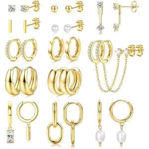 CASSIECA 13Pair Multi-Size Earring Stacking Set 14 Karat Gold-Plated Lightweight Hypoallergenic Huggie Hoops with Dainty Pearl Studs, Daily Wear Gift for Women (Dainty Look, Summervibes)