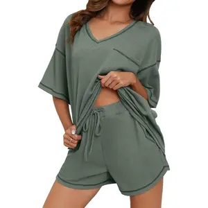 Womens Pajama Sets Waffle Knit 2 Piece Short Lounge Set Cute Sleep Loungewear Pjs Set Short Sleeve Top and Shorts Casual Womenswear