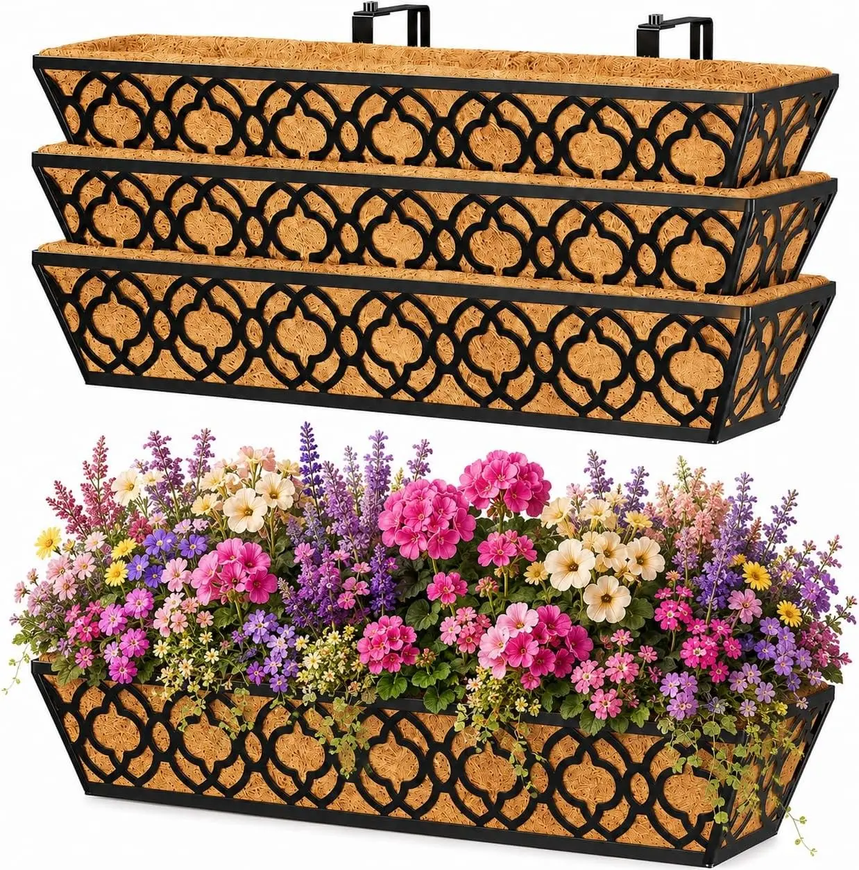4-Pack 30 Inch Railing Planter Boxes 24 Inch 2 Pack, Hanging Balcony Planter, Adjustable Deck Railing Planter Box, Metal Window Boxes Outdoor for Fence, Porch Flower Pots Holder