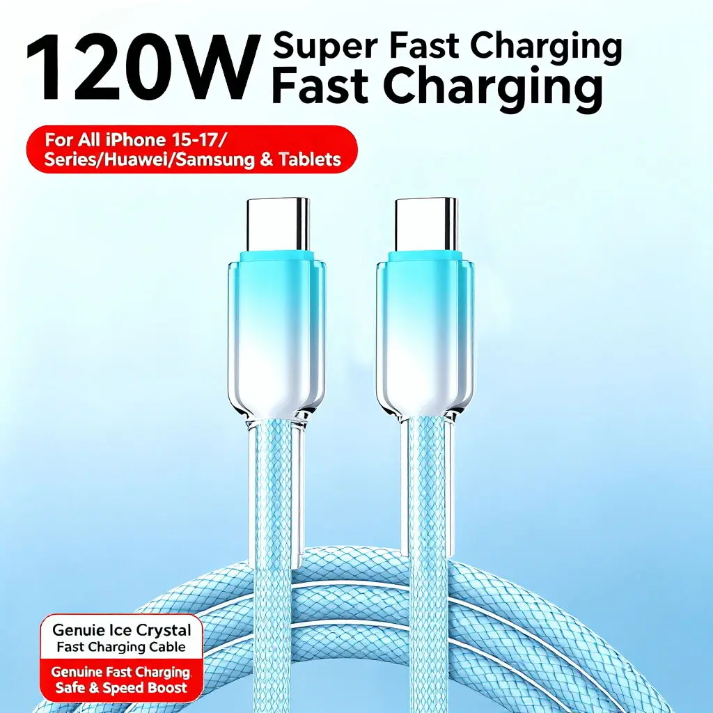 Dual Type-C Fast Charging Cable, Lightning Data Transfer, Nylon Braided Pd120w, Compatible with iPhone, Samsung, Xiaomi, Android, Tablets, Small Appliances, Fast Charging Cords
