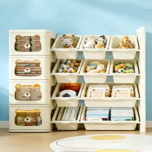 Kids Toy Storage Organizer with 4 Storage Drawers & 10 Storage Bins, DIY Stackable Toy Storage Rack, Cartoon Design, Suitable for Toys, Kids Clothes, Diaper Storage, Kids Room Decor, 3 & 4 Tier Waterproof Nursery Cabinet, Christmas Gifts Ideas