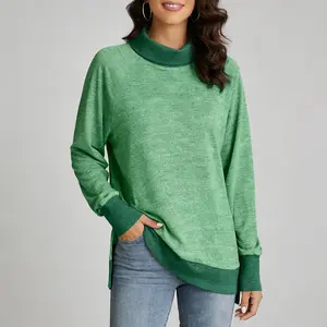 Women's Oversized Long Sleeve Tunic Top Casual Turtleneck Color Block Pullover Shirt with Side Split for Fall