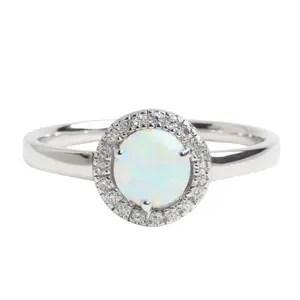 Sterling Silver Round Created White Opal CZ Halo Ring