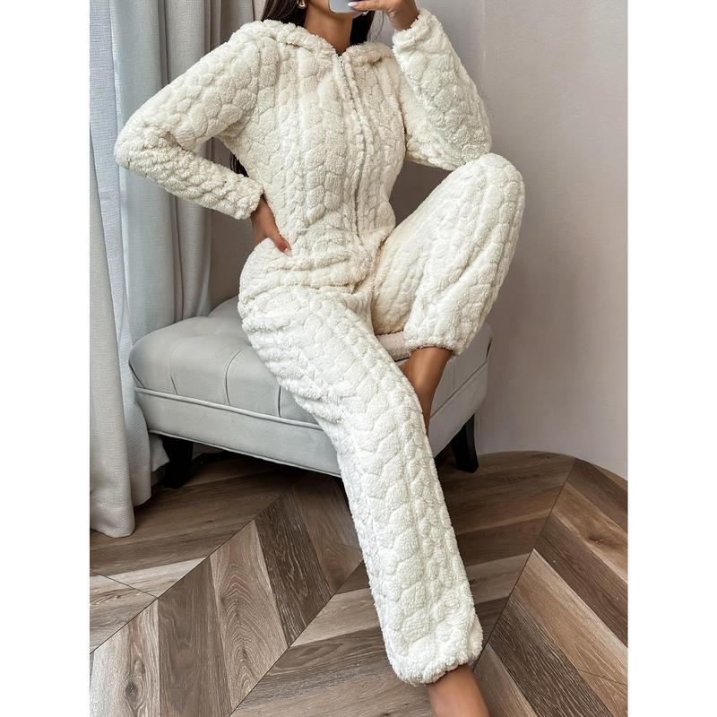 Women's SolidZipper Hooded Plush Pajama Jumpsuit, Casual Long Sleeve  Design Jumpsuit for Fall & Winter, Women's Sleepwear for Indoor Wear, Fluffy Lady Pajamas