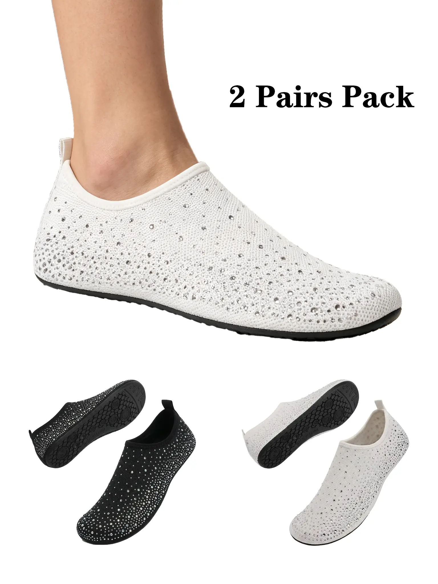 2 Pairs Pack Women Sparkling Gradient Rhinestone Water Shoes, Non-Slip Thick Rubber Sole Quick Dry Barefoot Aqua Socks, Foldable Lightweight Slip On Bling Crystal Swim Pool Beach Surf Yoga Walking Water Socks with Convenient Heel Pull Tab