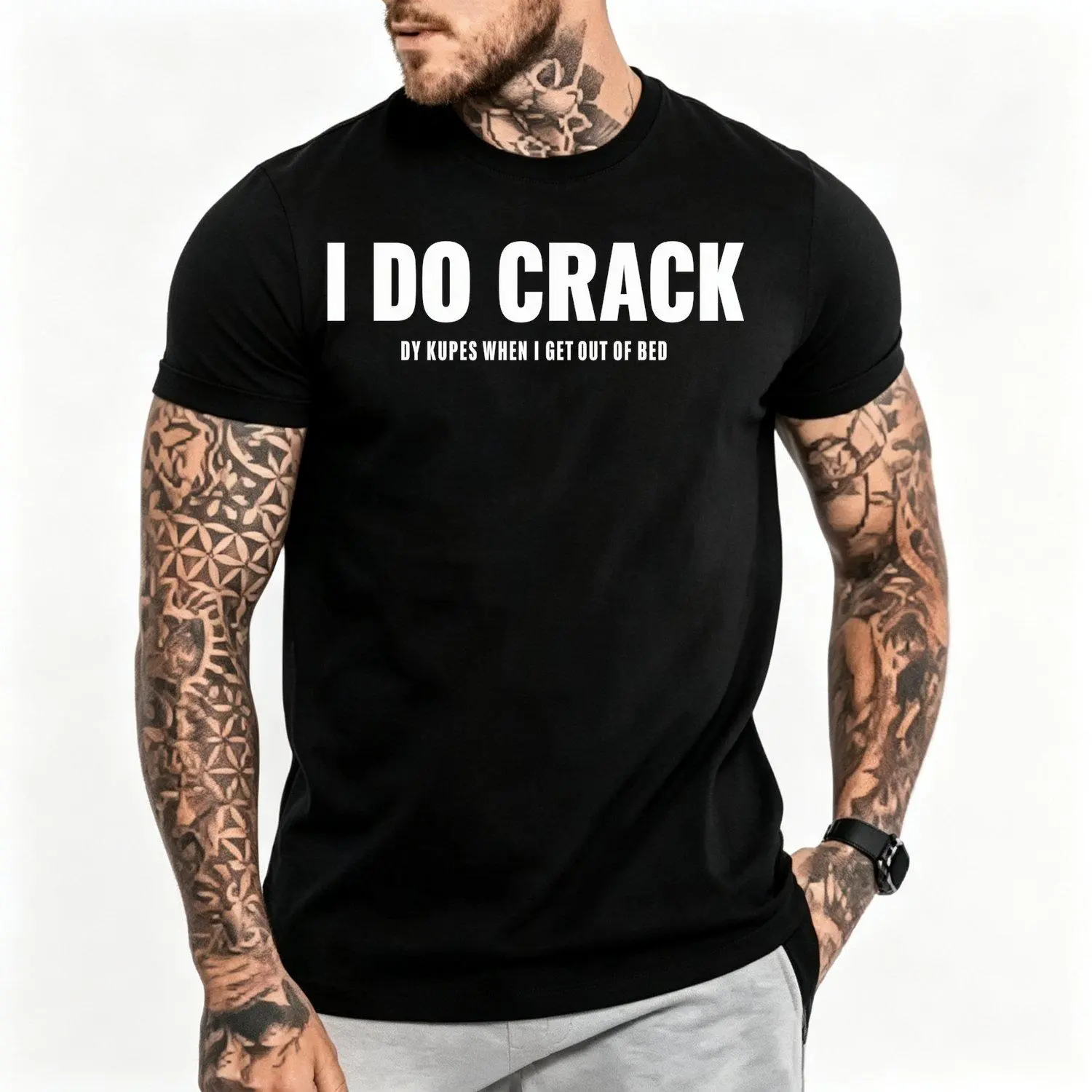 Mens Short sleeve Tshirts crewneck i do crack bold statement print quirky text my knees when i get out of bed loose fit comfort daily oversized style