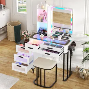 Miu Vanity Set with 24-Color RGB Lights, Wireless Charging,  6-Drawer Chest & Large Storage Furniture Organizing  Square  Mirror