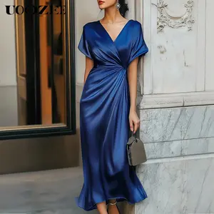 UOOZEE's new French elegant satin dress features a fashionable V-neck waist cinching and slimming fishtail skirt design, suitable for women's party dresses with mid length skirts