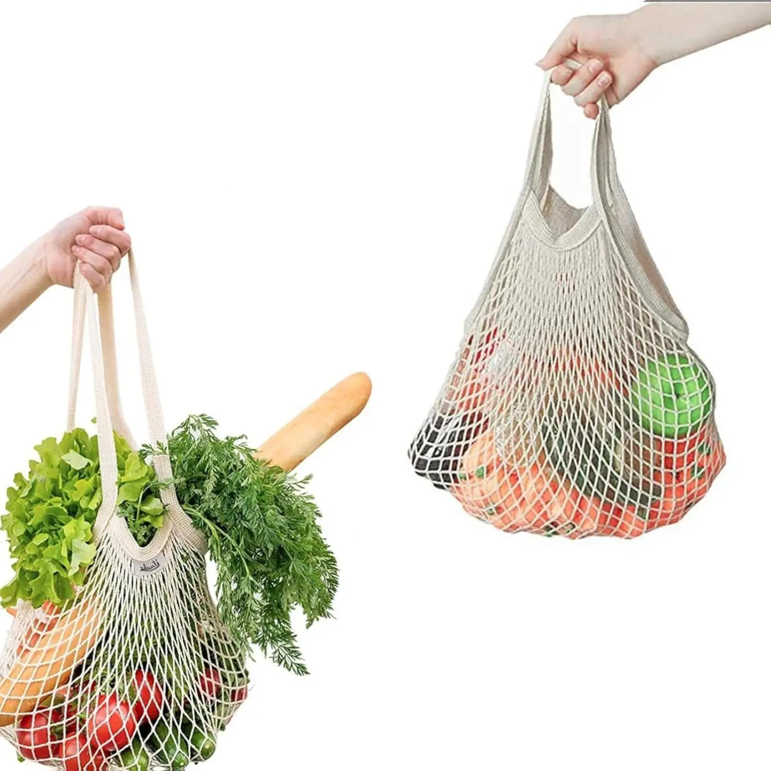 2 Pack Mesh Tote Bags, Reusable Organic Cotton String Bag with 11-Inch Long Handles, Washable & Foldable for Grocery Shopping, Toy Storage, Eco-Friendly, 40 Pounds
