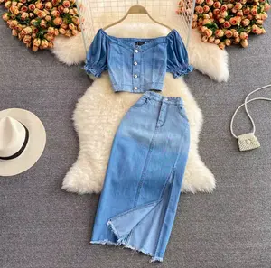 NEW AUTUMN OUTFIT DENIM JACKET WOMENS TWO PIECE SET HIGH WAIST MID-LENGTH SPLIT SKIRT LADIES DENIM Set