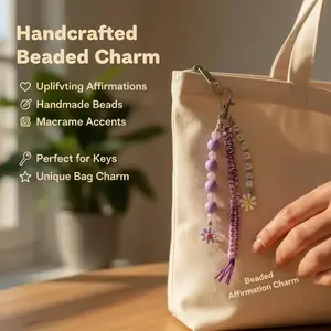 Chic Handmade Beaded Keychains or Bag Charms with uplifting “Enough” affirmation and Macrame Accents for Keys Bags or Backpacks