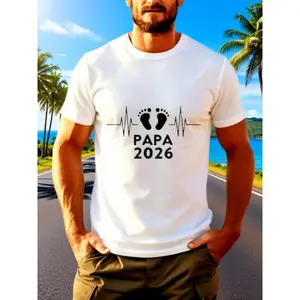 Men's Black T-Shirt - Baby Footprint and Heartbeat Design, Dad 2026, Pregnancy Keepsake T-Shirt for Father's Day, for Everyday Wear by Expectant Fathers