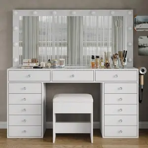 13 Drawers Vanity Desk, Makeup Vanity With Power Outlet, Vanity Table With Mirror And 13 LED Bulbs, 3 Color Lighting Modes, Glass Top, Dressing Table For Bedroom