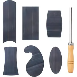 Cabinet Scraper Burnisher with 6 count Multi-Shaped Scraper Set 1 Oval 2 Double Convex/concave 1 Rectangle 1 Curved and 1 Gooseneck Scraper (Blue Spring Steel)