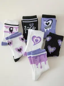 Women's 7 Pairs Heart & Letter Print Crew Socks, Casual Stylish Socks, Soft Comfy Socks, Preppy Casual Soft Comfortable Breathable Striped Print Mid-calf Socks for Daily Wear, Multipack Knit Socks for All Seasons, Sock Set