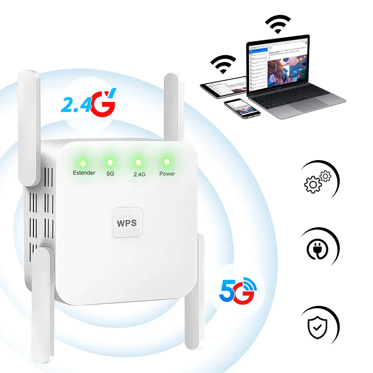 4 Antennas Dual Band WiFi Extender,Home Wireless Signal Booster,Supports 5GHz/2.4GHz WiFi,Covers 10,000 sq.ft & 100 Devices,Easy Setup,Repeater with Ethernet Port for Home Office