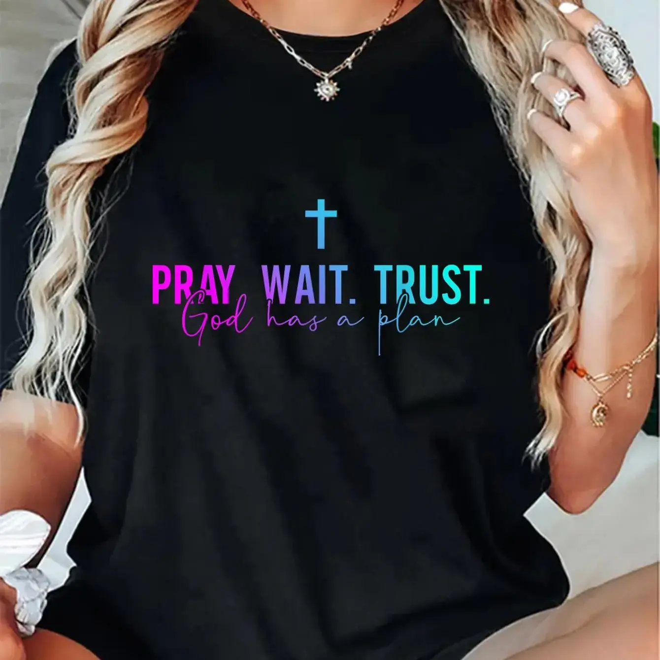 100% Cotton Pray Wait Trust God Has A Plan T-Shirt Breathable Fabric