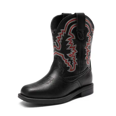 Dream Pairs Girls' Embroidered Western PU Leather Cowboy Boots - Square Toe, Comfy Low Heel, Easy Pull-On Tabs, Soft TPR Grip Sole, All-Seasons Footwear for 3-4 Years Olds