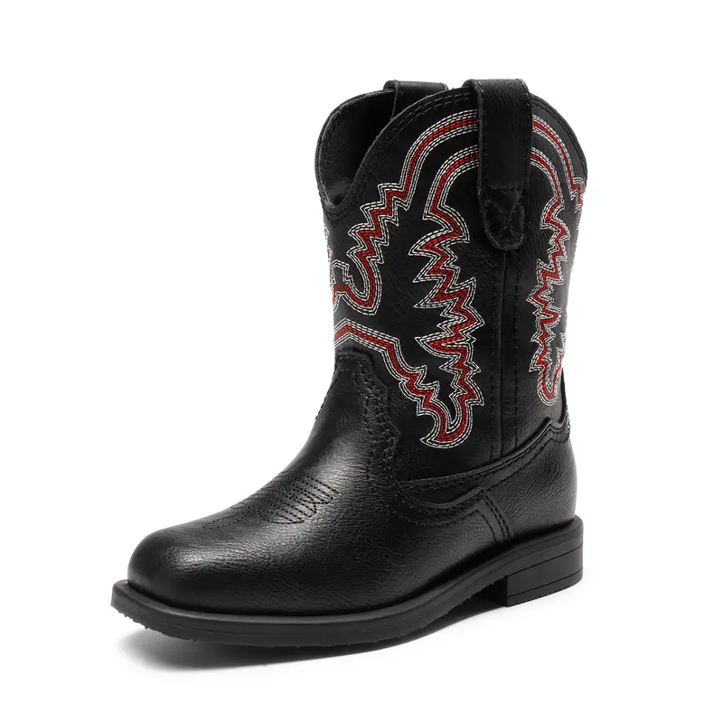 Dream Pairs Girls' Embroidered Western PU Leather Cowboy Boots - Square Toe, Comfy Low Heel, Easy Pull-On Tabs, Soft TPR Grip Sole, All-Seasons Footwear for 3-4 Years Olds