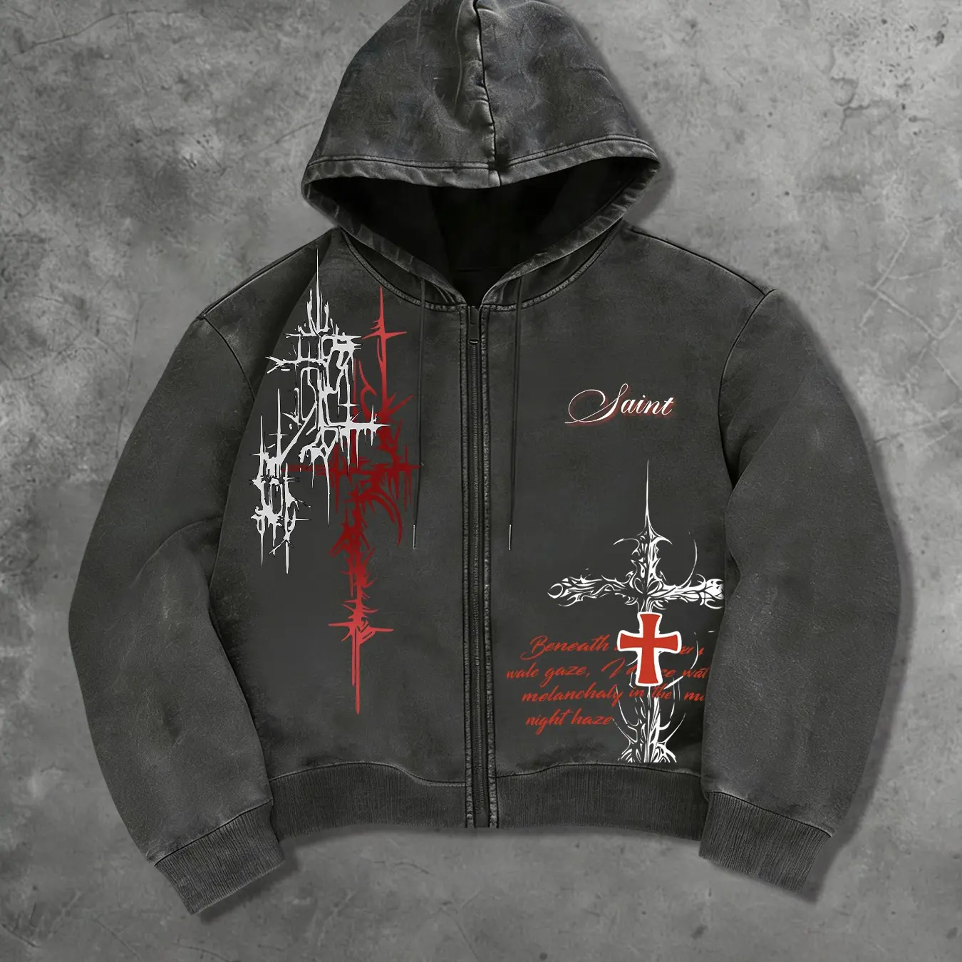 Men's Y2K Dark Aesthetic Saint Thorn Cross Zip Graphic Print