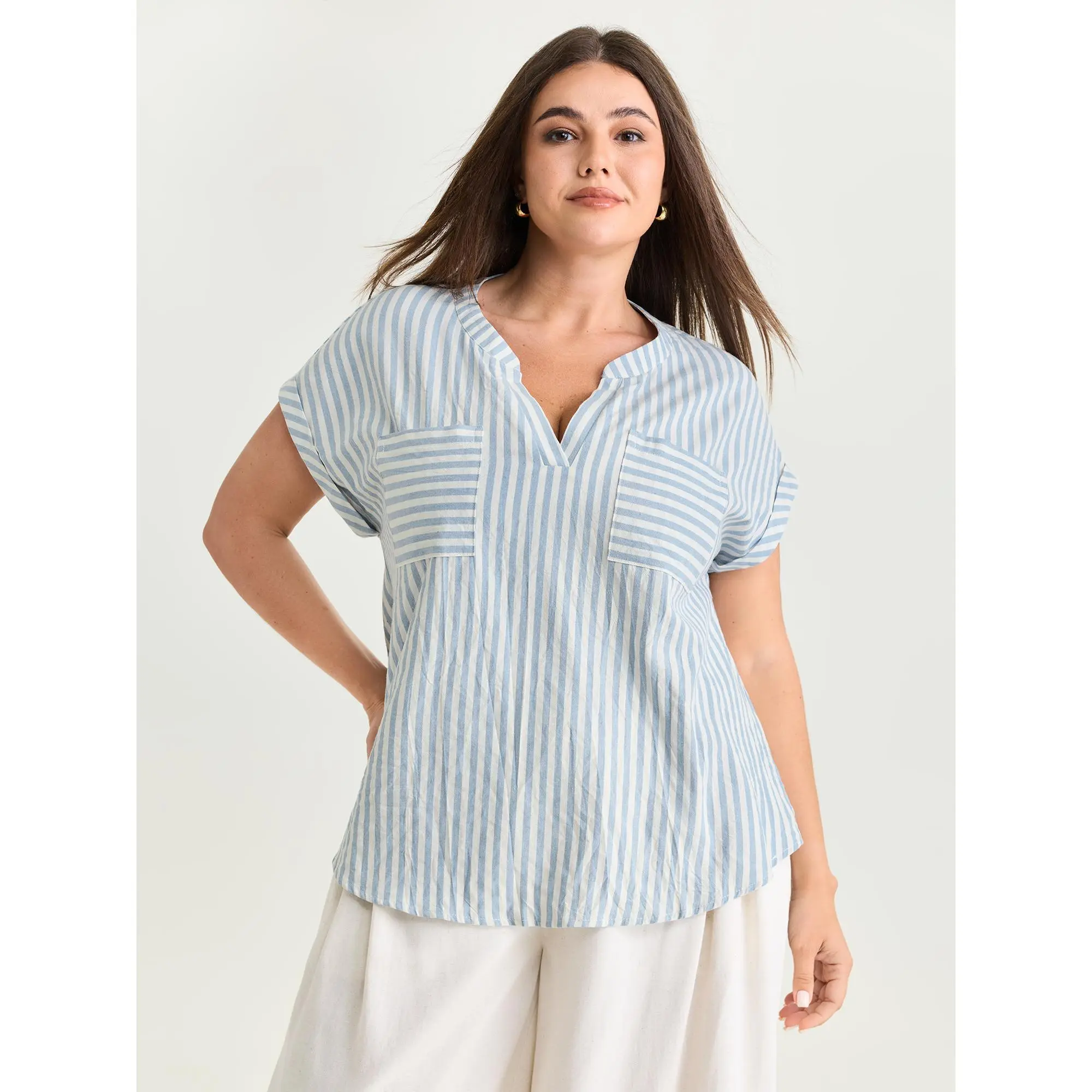 BloomChic Women's Plus Size Smooth Cotton Striped Short-Sleeve Blouse - Curvy-Fit, Comfy Casual Office Top with Pockets, Bohemian Style, 2026 Summer Pick, Curvy Confidence, Basic Garment, Machine Wash, M-6X, Shortsleeve, Dolman, 100% Cotton