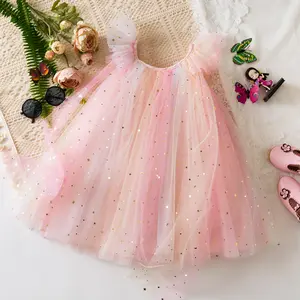 2025 New Summer Dress for Girl Pink Fluffy Gauze Dress Elegant Sequins Flying Sleeves Mesh Princess Dress Ruffles Kids Birthday Party Dress