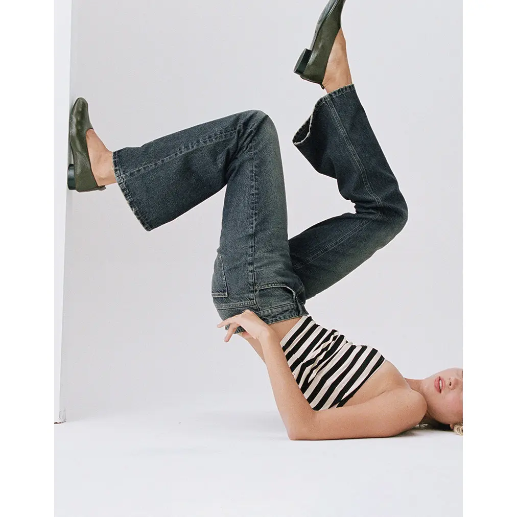 Motel Rocks Women's Fashion Extra Low-Rise Flare Jeans in Green Wash, Made with Recycled Materials and 5-Pocket Styling, Low Waist