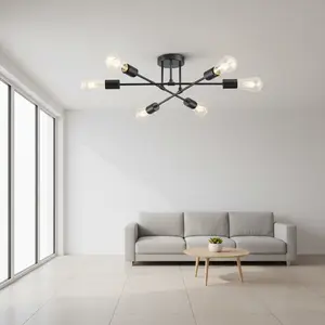 Black farmhouse-style recessed ceiling lamp, modern 6-head Sputnik ceiling lamp, rustic style metal corridor entrance lighting fixture