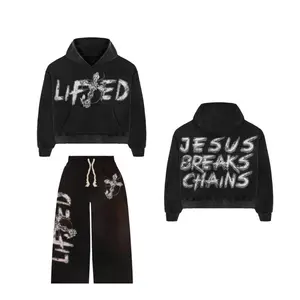 Jesus Breaks Chains Sweatsuit - Black Hooded Sweatshirt with White Text & Matching Pants, Includes Front Pocket, Cotton Drawstring, Streetwear Style