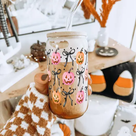 Halloween Spooky 16oz Glass Can Cup with Bamboo Lid & Straw