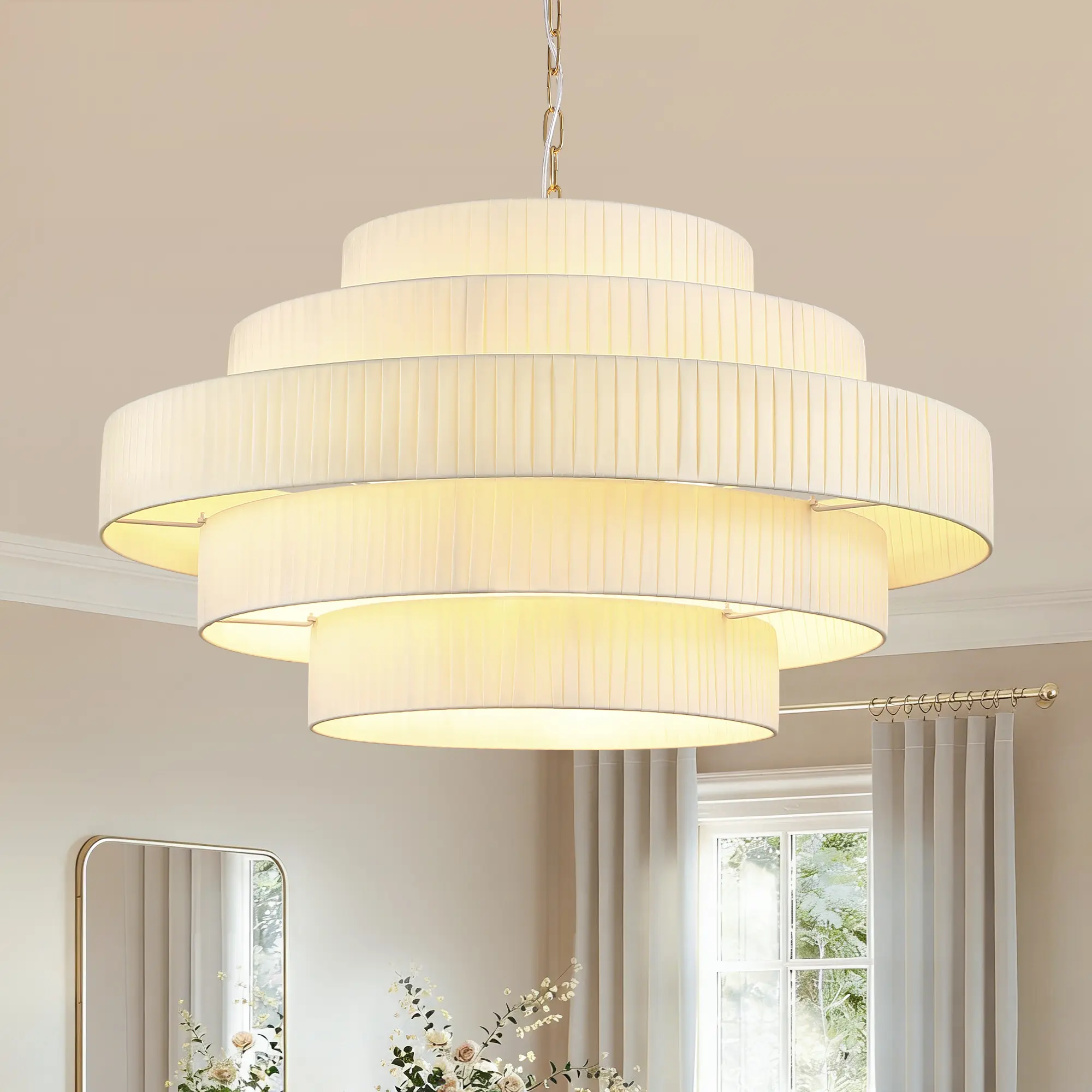 31.5"Drum Light Chandelier 5 Tiers Large Drum Drum Light Fixture Ceiling Hanging Brass Round Chandeliers for Dining Room Entryway Living Room Foyer Lighting Fixture with Shades Chandelier Drop