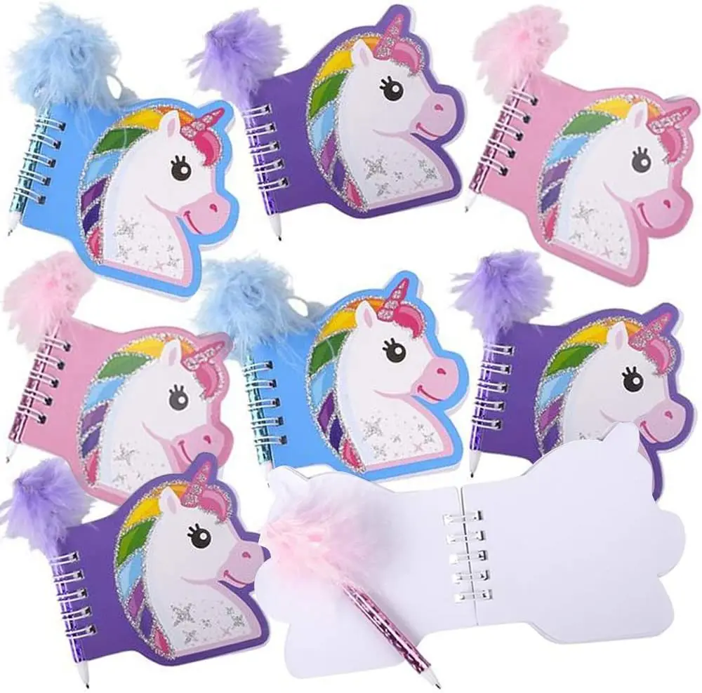 Unicorn Notebook and Pen Set for Kids, Set of 12, Feather-Tipped Pen and Small Glittery Note Pad with Loop Pen Holder Per Set, Fun Stationery Party Favors, Goodie Bag Fillers, Teacher Rewards