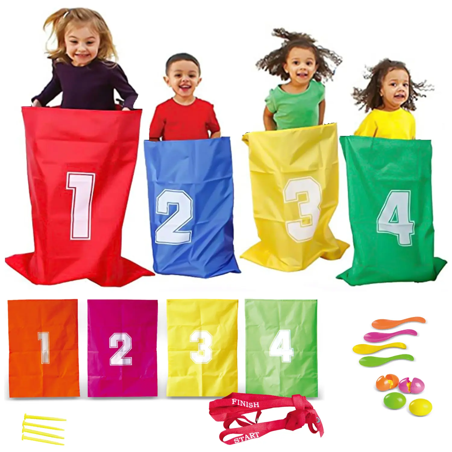 32-Piece Colorful Lawn Games Set for Kids & Adults, Classic 3-in-1 Party Kit for Indoor & Outdoor Fun with Sack Race, Egg & Spoon, & Tin Can Toss, Fun Party Set, Includes 32 Pieces, Indoor Or Outdoor, No, Multi-Games