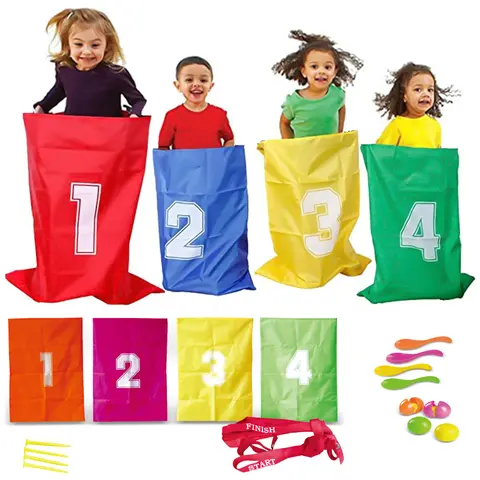 32-Piece Fabric Classic Lawn Games Kit - 3-in-1 Party Set with Sack Race, Egg & Spoon, Tin Can Toss, Party Favor Packs, Gift Package, Birthday Gifts Set for Kids (Indoor & Outdoor Play)