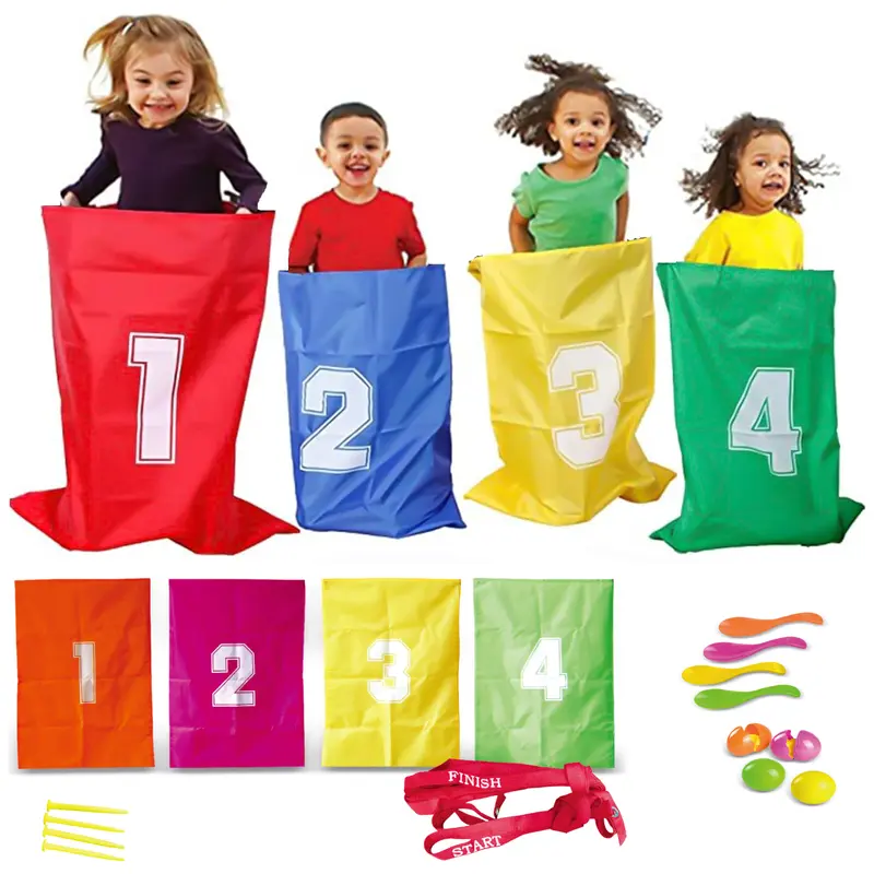 32-Piece Fabric Classic Lawn Games Kit - 3-in-1 Party Set with Sack Race, Egg & Spoon, Tin Can Toss, Party Favor Packs, Gift Package, Birthday Gifts Set for Kids (Indoor & Outdoor Play)