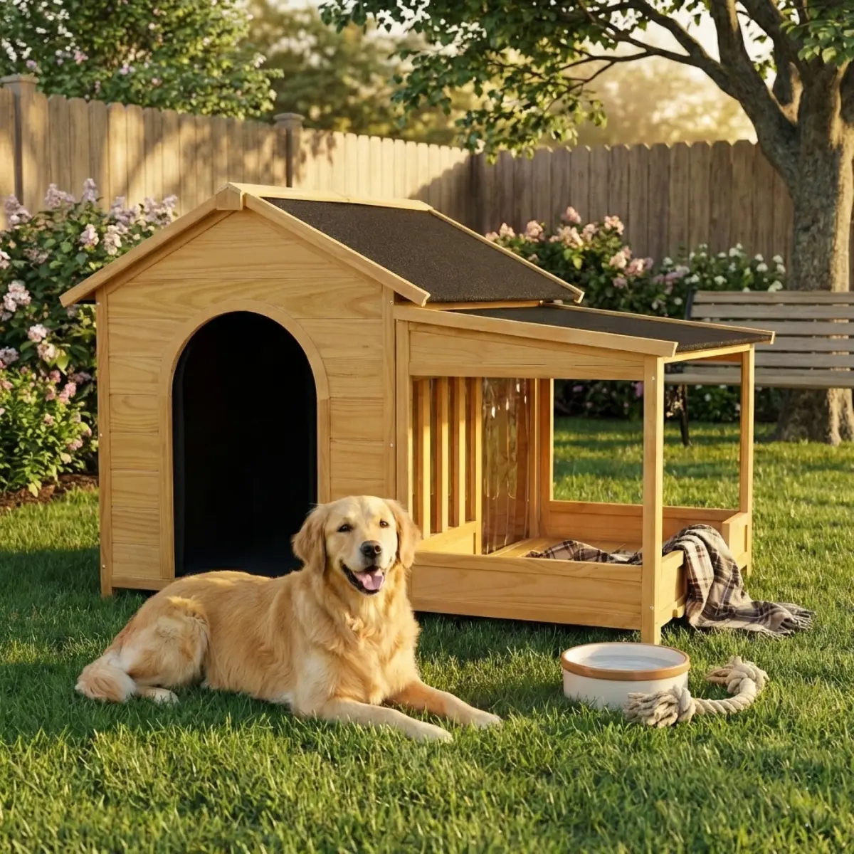 Easy Assembly Family-Friendly 60.2" Large Outdoor Dog House With Insulated Liner For Winter Waterproof Dog Kennel For Medium & Large Dogs, Dog House With Porch And Asphalt Roof And Elevated Floor, Nature