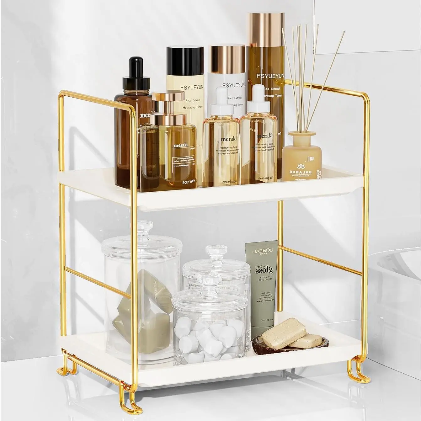2-Tier Bathroom Countertop Organizer, Tool-Less Installation Premium Plastics Makeup Shelf Organizer Perfume Skincare for Dresser Vanity Tray Organizers and Storage (Gold)