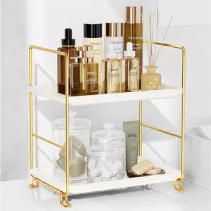 2-Tier Bathroom Countertop Organizer, Tool-Less Installation Premium Plastics Makeup Shelf Organizer Perfume Skincare for Dresser Vanity Tray Organizers and Storage (Gold)