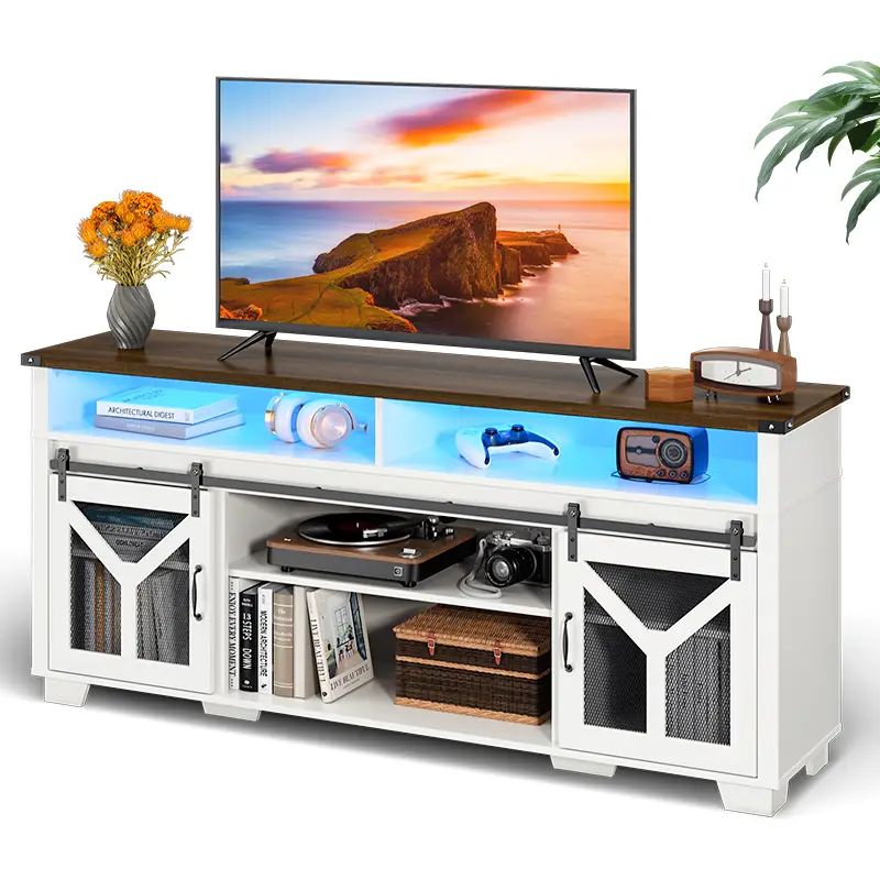 Farmhouse TV Stand for 75 inches TVs, Entertainment Center with Storage, Sliding Barn Doors, Wood Media Console, Farm Style for Living Room/Bedroom