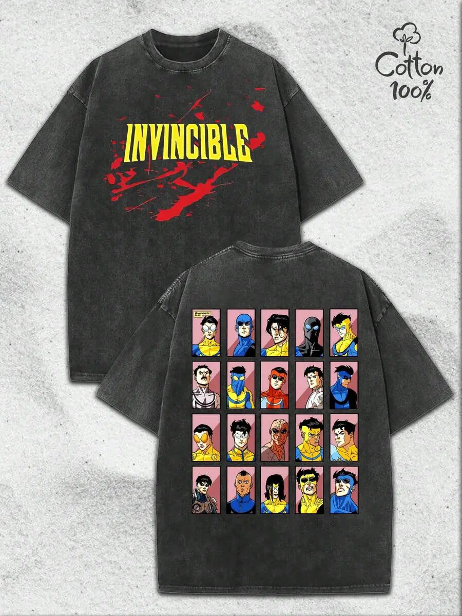 Double Sided Graphic Tee, Invincible Superhero Comic Character Grid Print Short Sleeve T-Shirt, Vintage Oversized Streetwear Unisex Summer