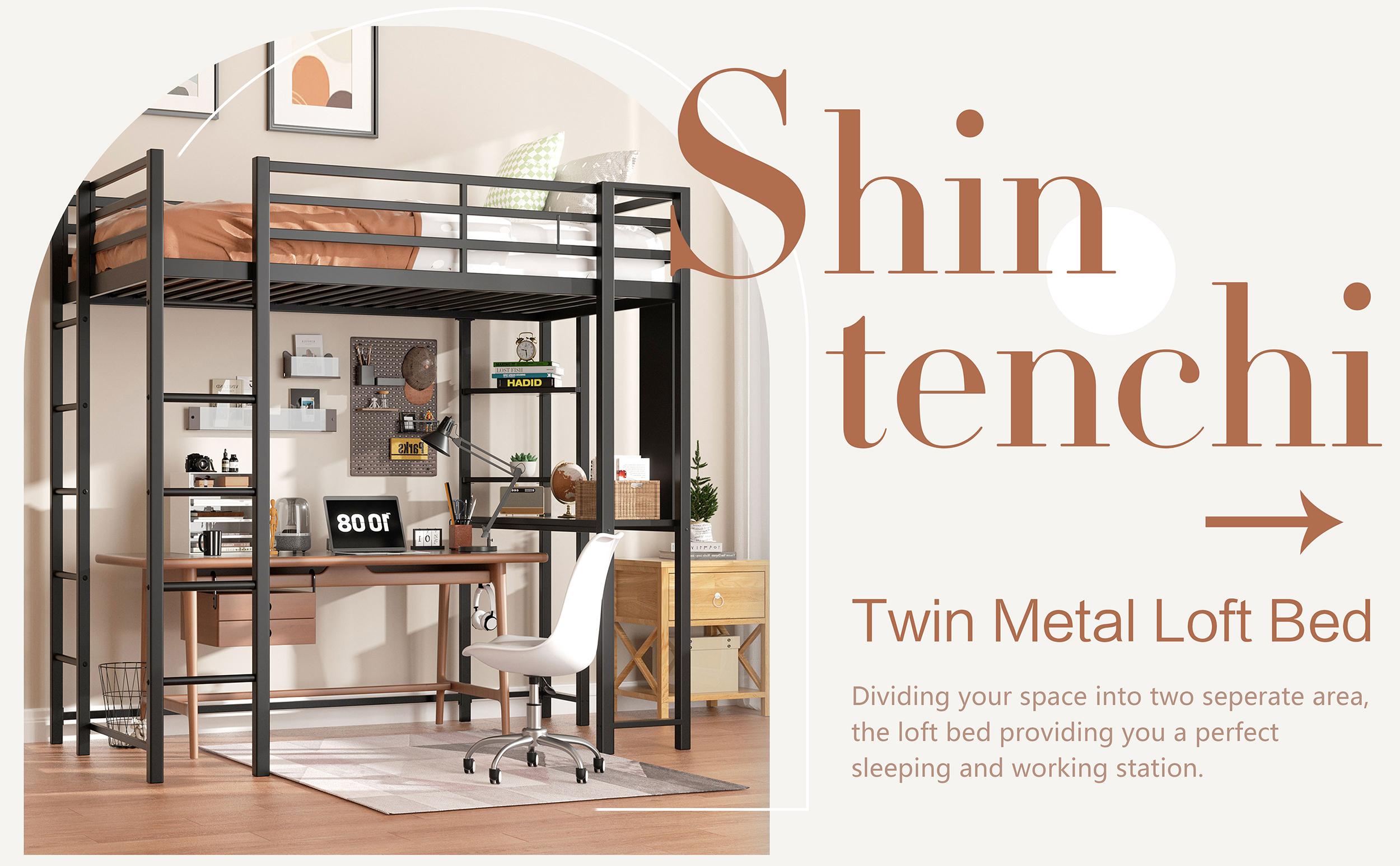 Walsunny  Bunk Bed Twin Over Twin Size with Desk and Charging Station L-Shaped Metal Bunk Bed with Storage Shelves Loft Beds with Safety Guardrail and Ladder for Teen,Black