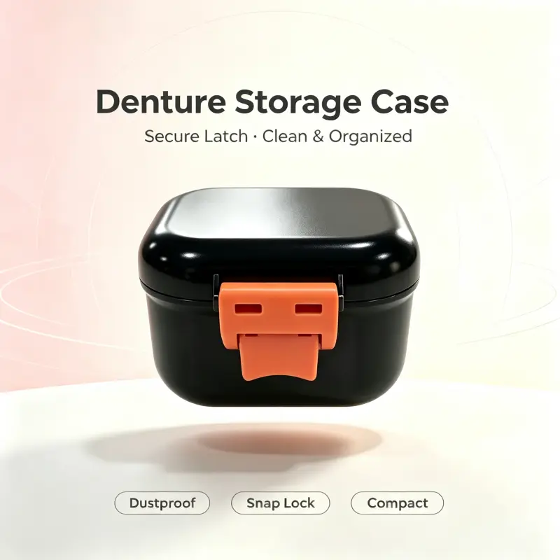 BVN Denture Soaking Cup - Portable Leak-Proof Dental Appliance Storage Case with Strainer for Soak Dentures, Braces, Retainers & Easy Cleaning, Black Orange