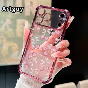 Compatible with Phone Case iPhone 17 Pro Max 16 15 Plus Air 14 13 12 11 E Cherry Bow Delight  Pattern Transparent Full Coverage Four Corners Anti-drop Casing