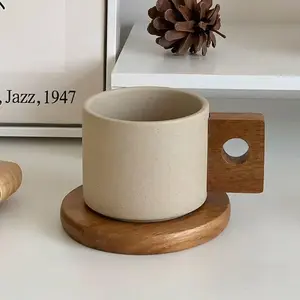 Wabi-Sabi Ceramic 10 oz Coffee Mug Set with Acacia Wooden Saucer – Unglazed Porcelain Latte Cappuccino Beverage Tea Cup, Natural Earth Finish, Sustainable Minimalist Drinkware, Aesthetic & Eco-Friendly Design