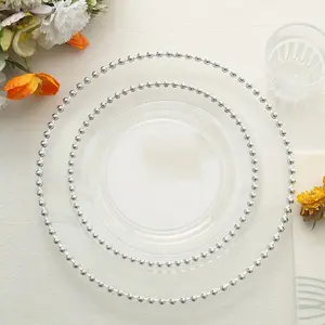 10 Pack Plastic Dessert Appetizer Plates in Clear with Silver Beaded Rim, Disposable Round Salad Party Plates 8"