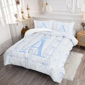 2/3Pcs Coquette Light Blue Bow Heart Initial A-Z Comforter Set, Soft Watercolor Print Quilt Bedding Set with Pillowcases, Girly Preppy Bedding for Teen Girls Kids Bedroom, Sweet Pastel Aesthetic Home Decor