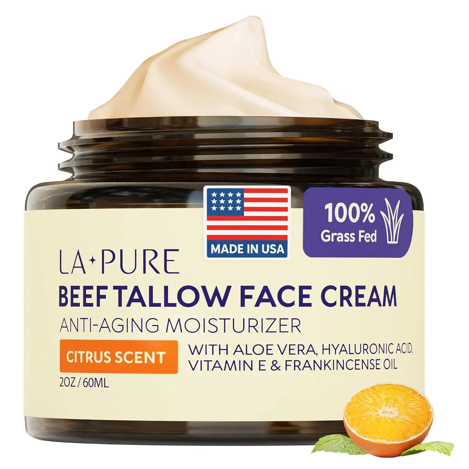 LA PURE Grass-Fed Beef Tallow Face Cream with Aloe Vera, Hyaluronic Acid & Vitamin E, Non-Greasy Citrus Moisturizer, 2 oz